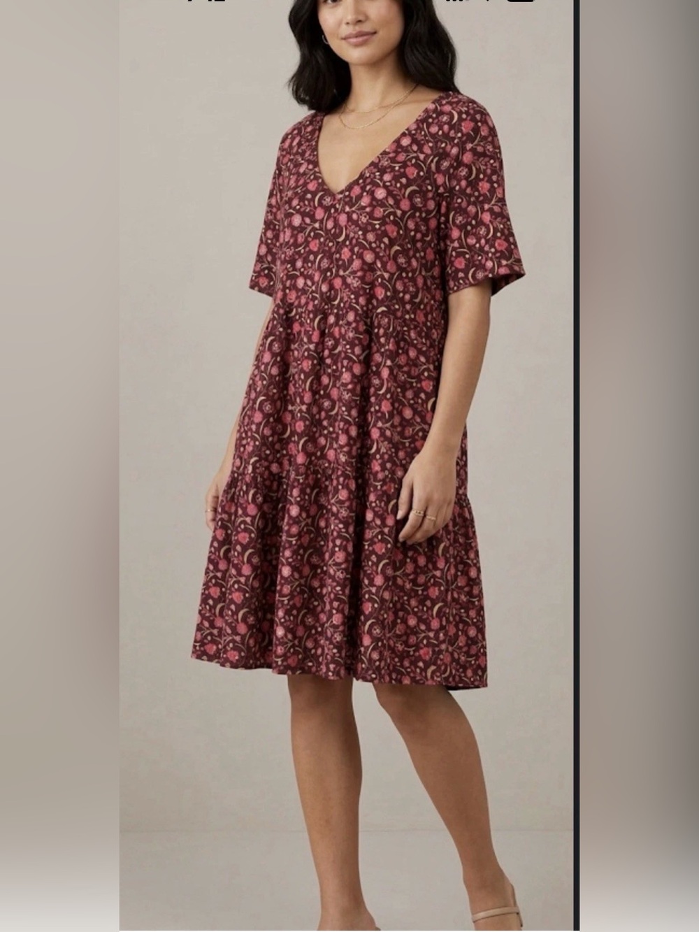 Old Navy Burgundy Floral V-Neck Tiered Midi Dress